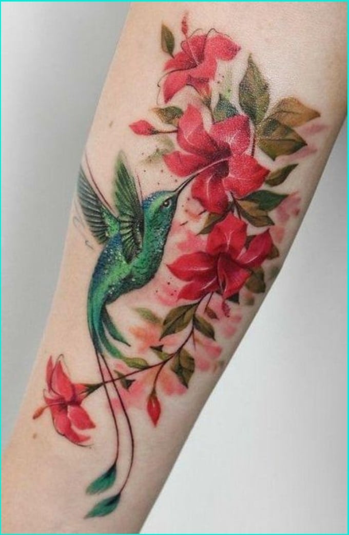 hawaiian flower tattoo with hummingbird