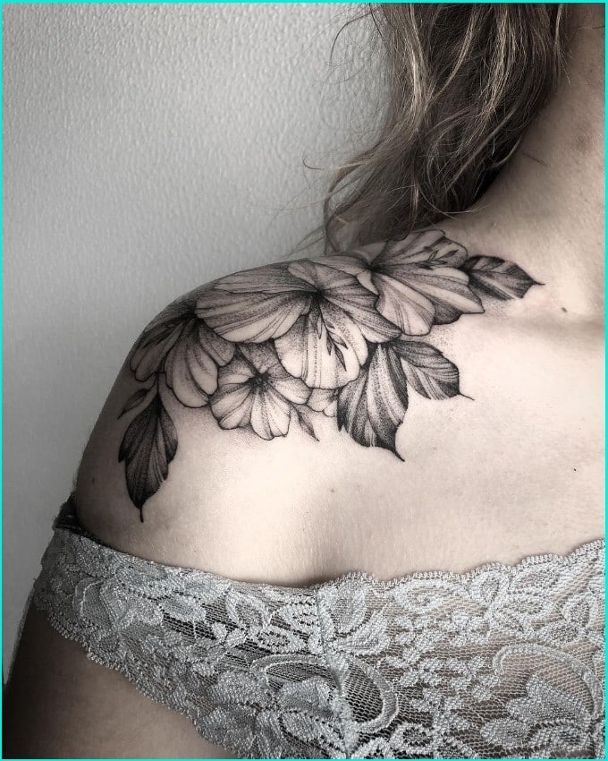 hawaiian flower tattoo on shoulder