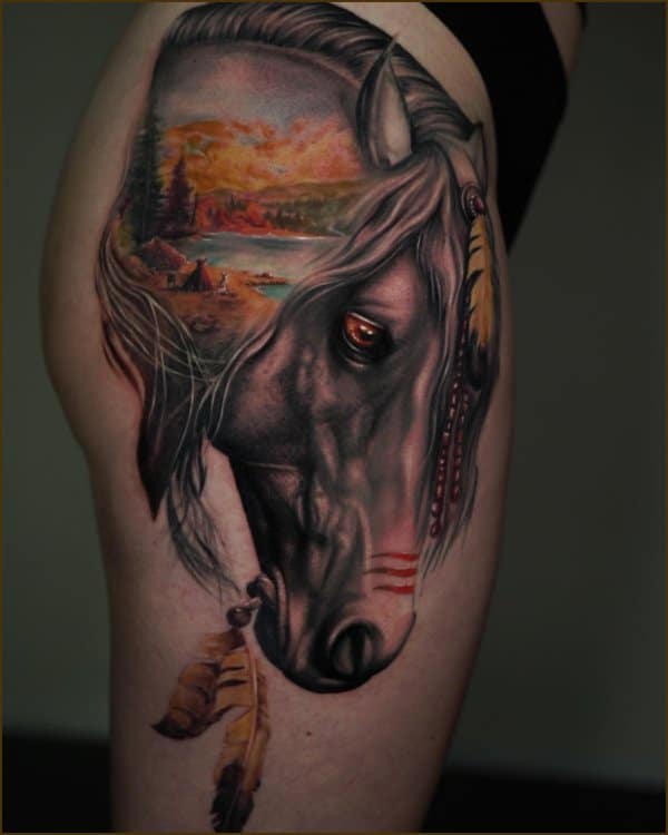horse tattoo on thigh