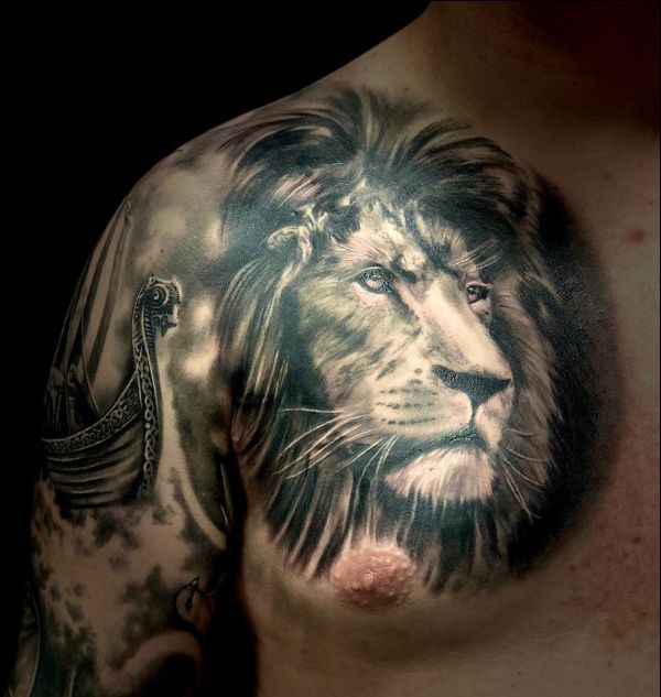 Tattoo uploaded by Lady Sky  Lion chest piece with dragon on shoulder   liontattoo lion neotrad illustration  Tattoodo