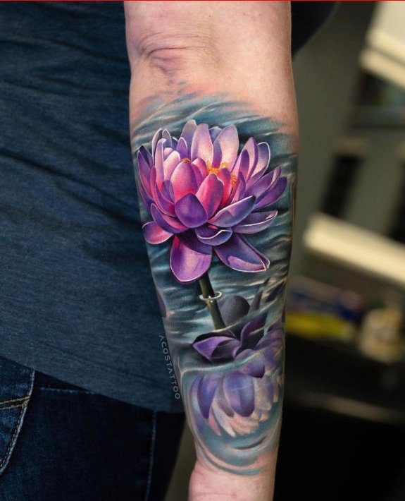 colorful lotus flower tattoo design for Men On Arm