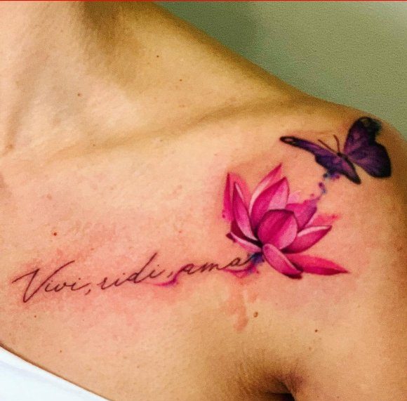 lotus collar bone tattoo with butterfly