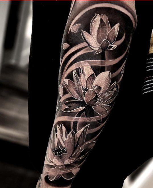 Men Flower Tattoos Image Amazing Grey Ink Flower Tattoos On Sleeve For Men   फट शयर