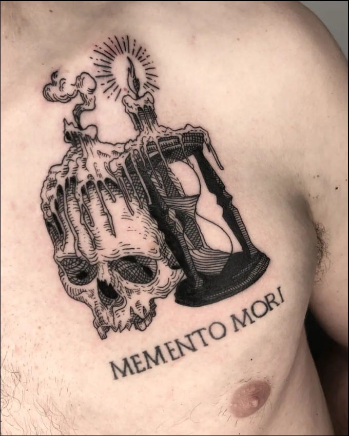 memento mori clock tattoo on chest
