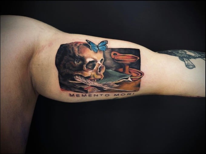 memento mori tattoo bicep