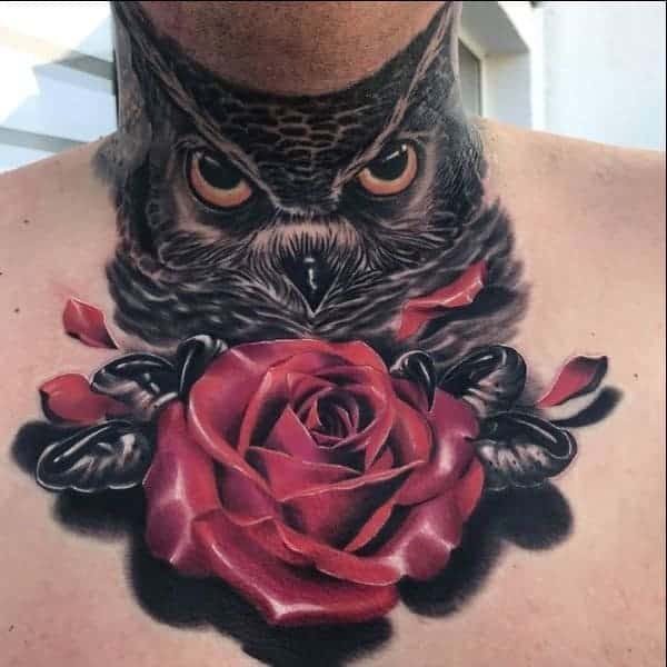 owl and rose neck tattoos