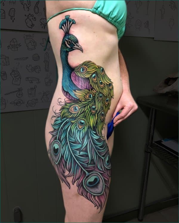 best peacock tattoos on side ribcage & thighs