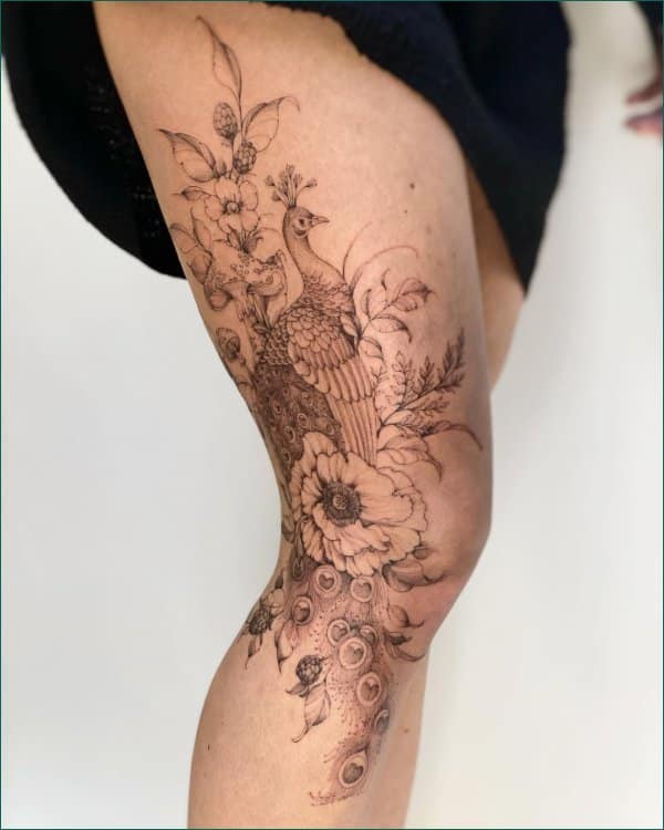 Realistic Leg Peacock Thigh Tattoo by Archive Tattoo