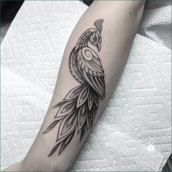 Arm Realistic Peacock Tattoo by Tim Kerr