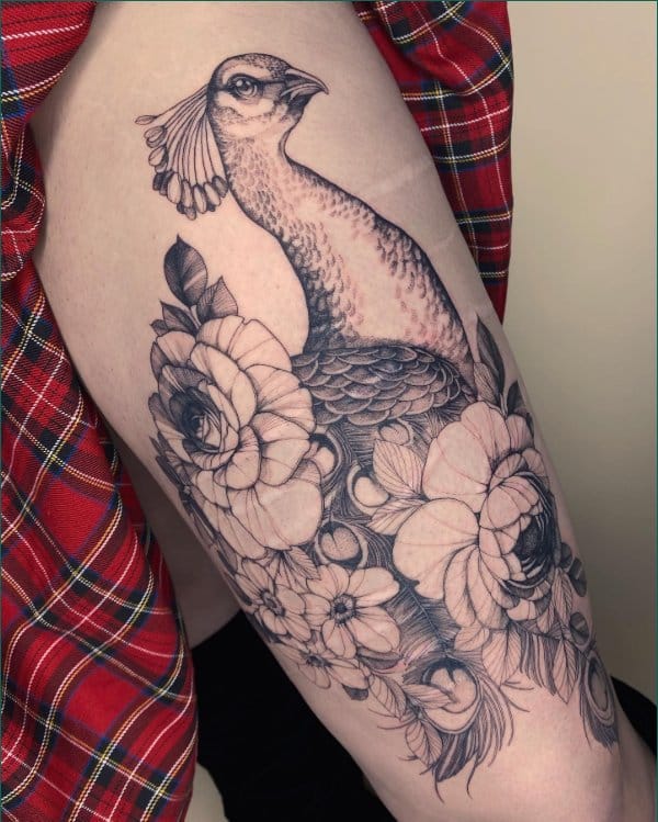 best peacock tattoos with flowers