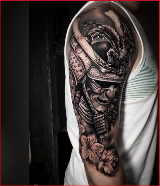 samurai tattoos on upper half sleeve