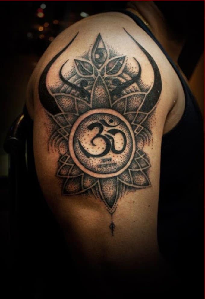 om tattoos on shoulder with mandala designs