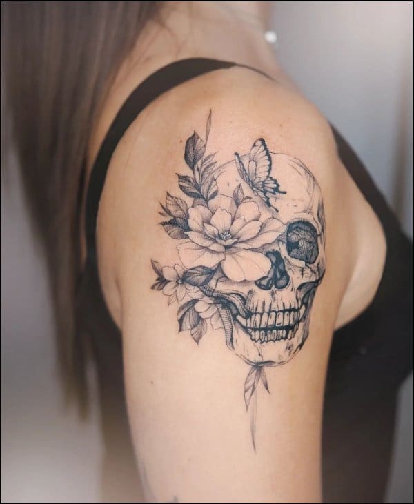 skull tattoos with flowers