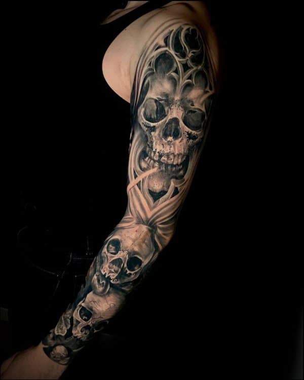 Realistic skull and forest done on guys shoulder  upper arm  Tattoo by  Eliot Kohek  rtattoo