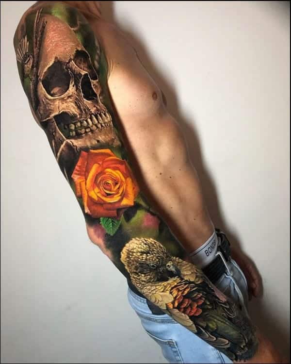 skull flower sleeve tattoos