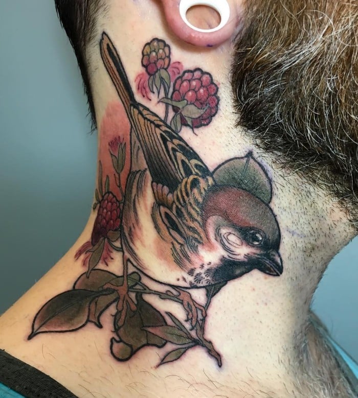 sparrow tattoo on neck