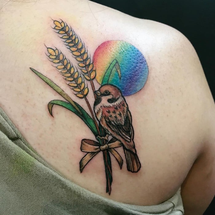 color sparrow tattoos on back