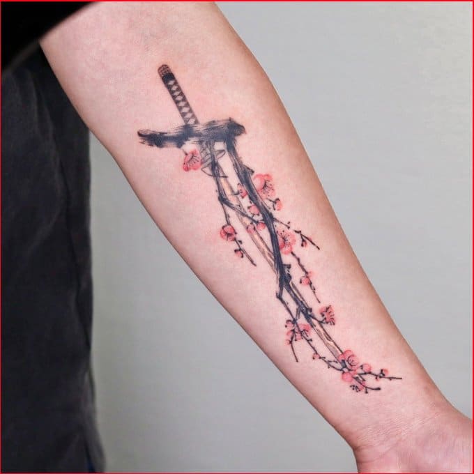 sword tattoos flowers on forearms
