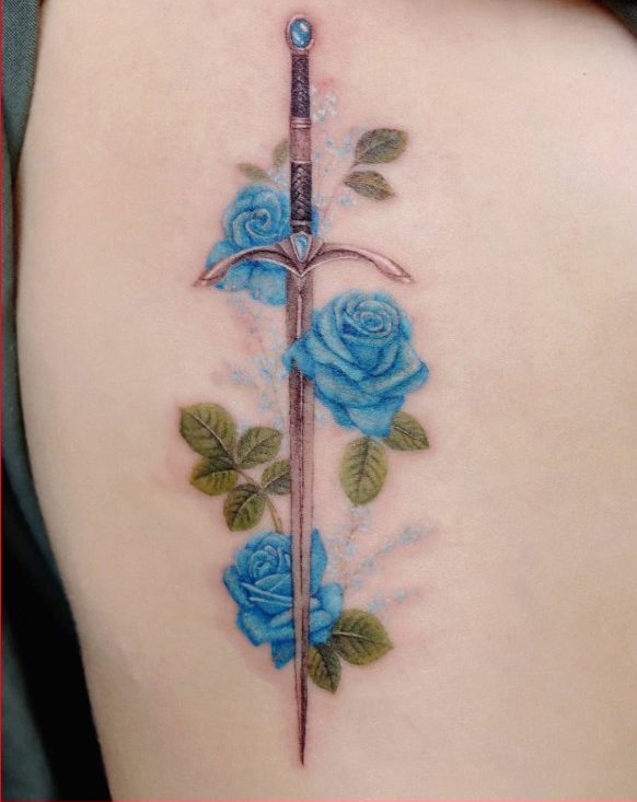 blue color rose sword tattoos