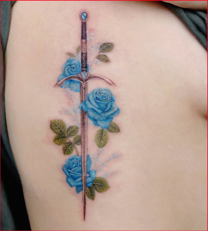 blue color rose sword tattoos