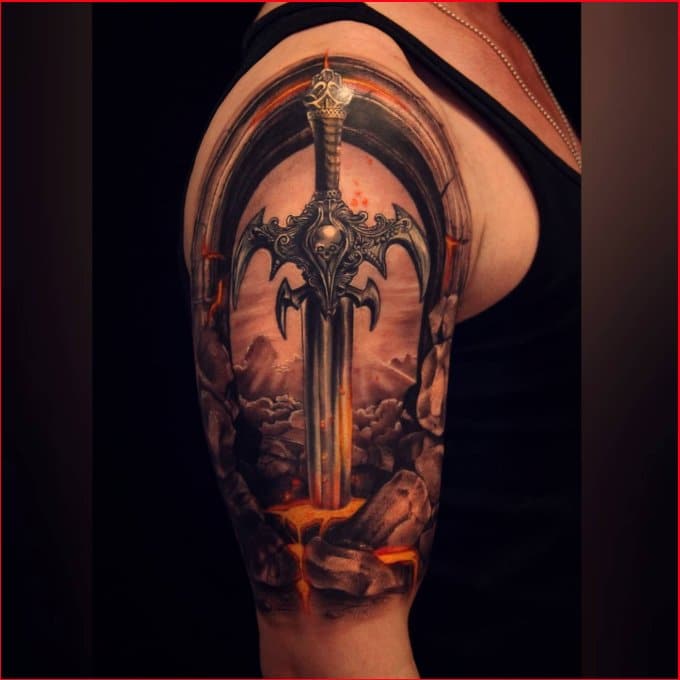 Temporary tattoo with types of swords and medieval shields 