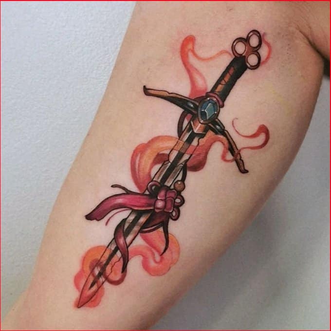 watercolor sword tattoo on arms