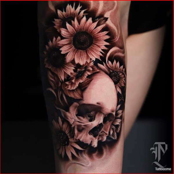 best skull tattoos with flower on thigh