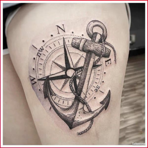 anchor & compass thigh tattoos