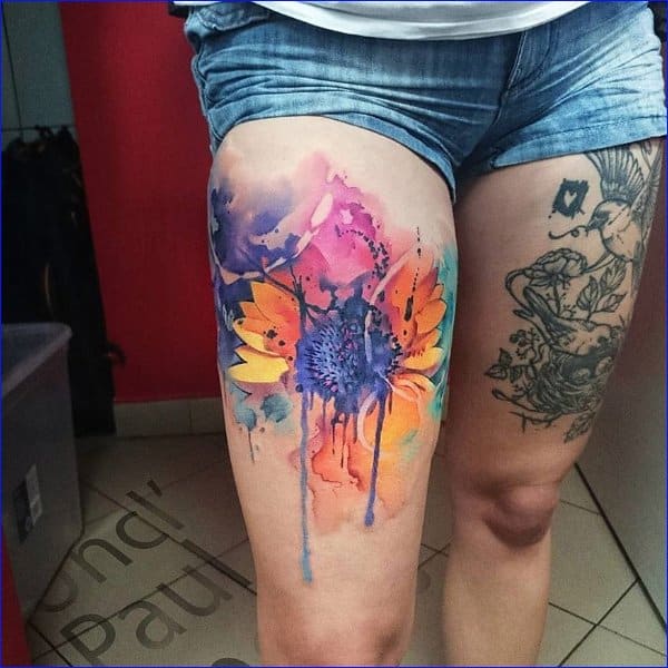 watercolor thigh tattoos
