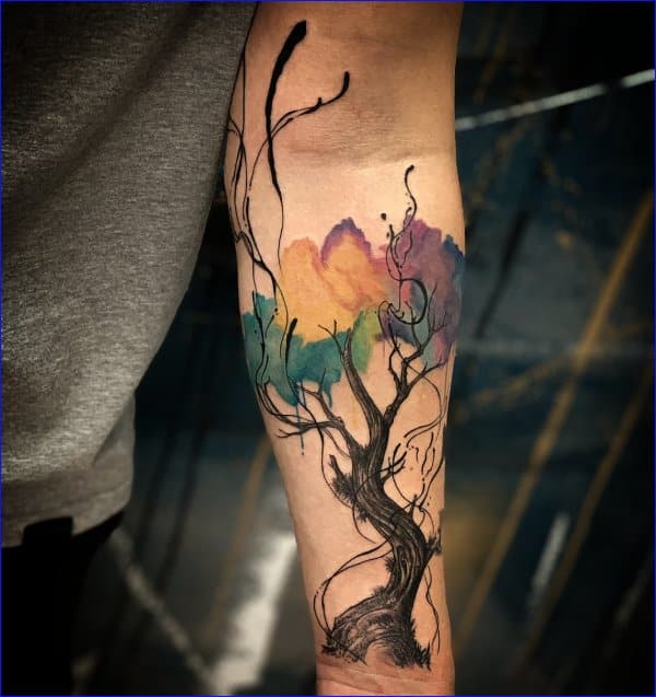 Watercolor Tree Tattoo On Back by Revolt Tattoo