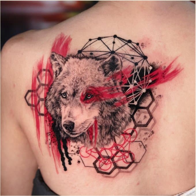 trash polka style wolf tattoos