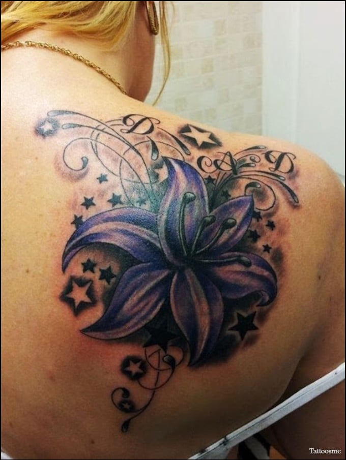 Purple Ink Lily Cover Up Tattoo On Right Back Shoulder