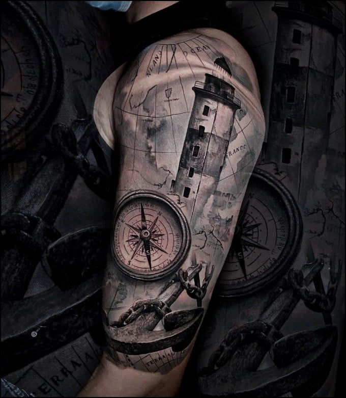 lighthouse tattoos with compass