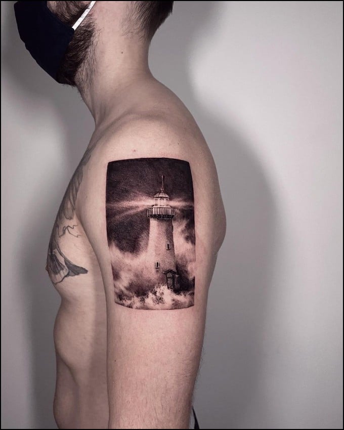 lighthouse tattoos upper half sleeve