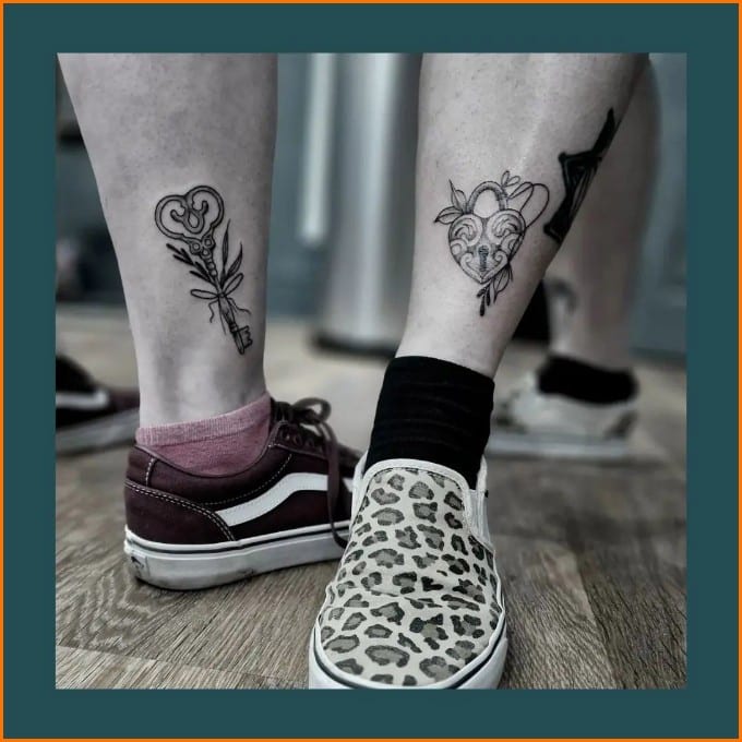 lock and key tattoos for coupleson their legs