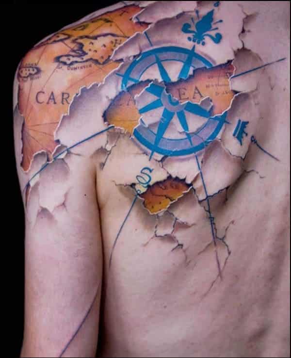 3d map and compass tattoo for shoulder