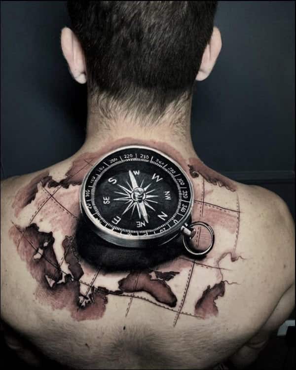 3d compass tattoo with map on back