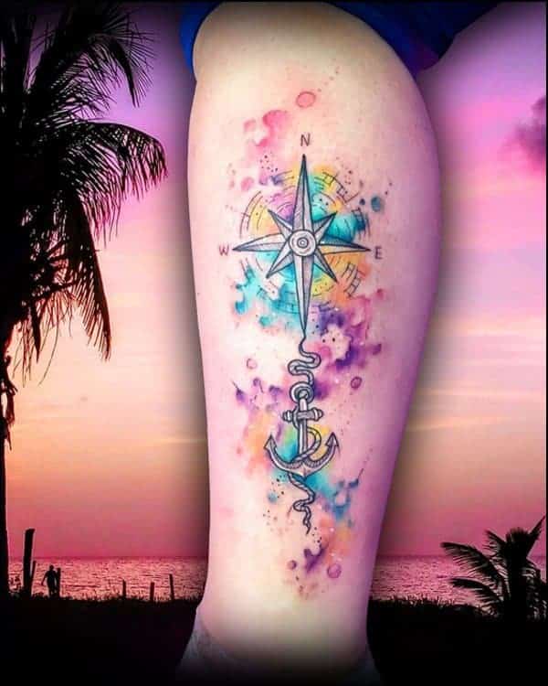 watercolor anchor tattoo with compass