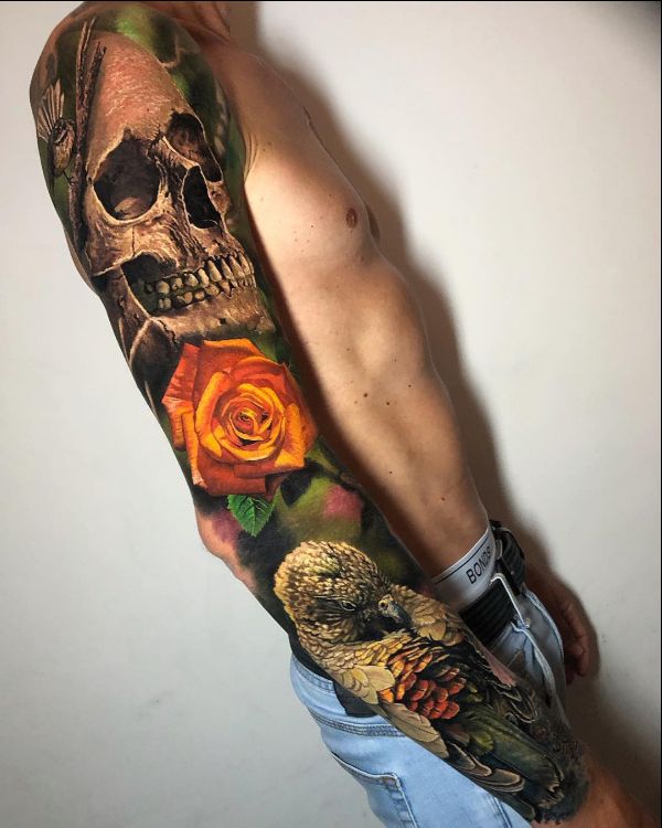 skull and rose arm tattoos for men