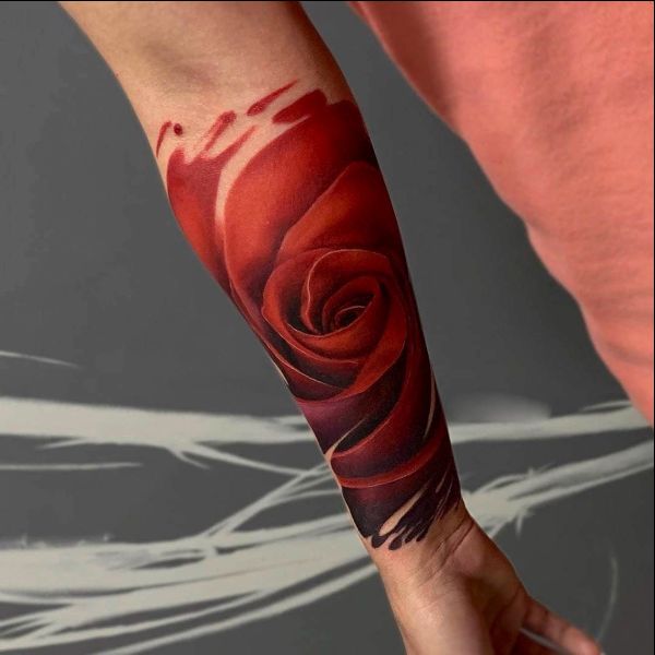 red color rose arm tattoos