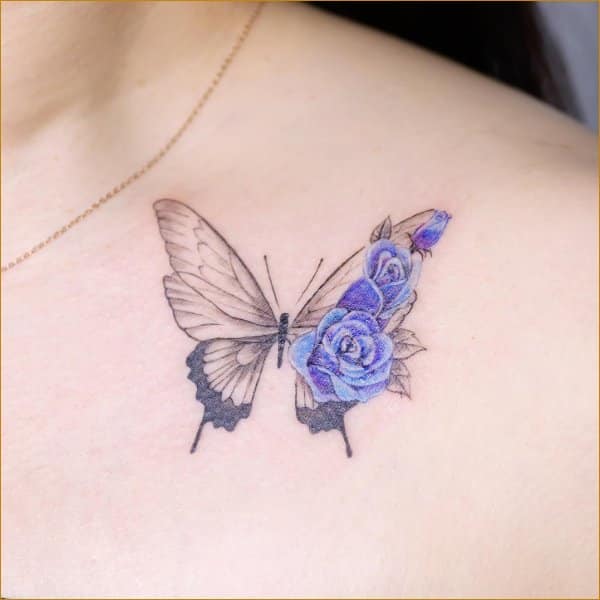 butterfly with rose collar bone tattoos