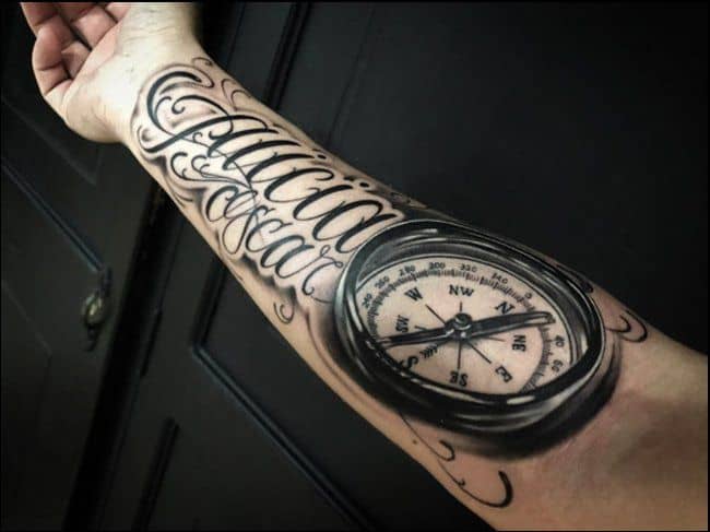 compass tattoo with quotes on arm