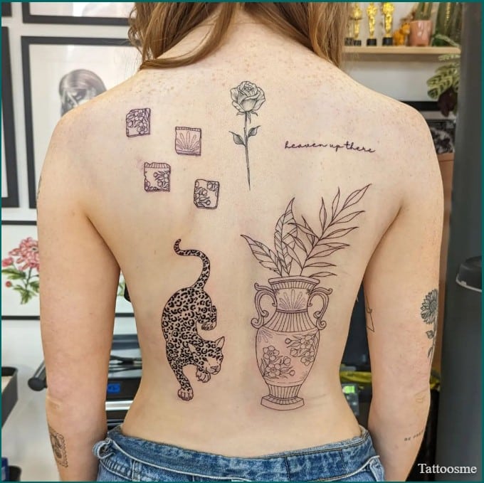 patchwork tattoo tiger tattoo on back