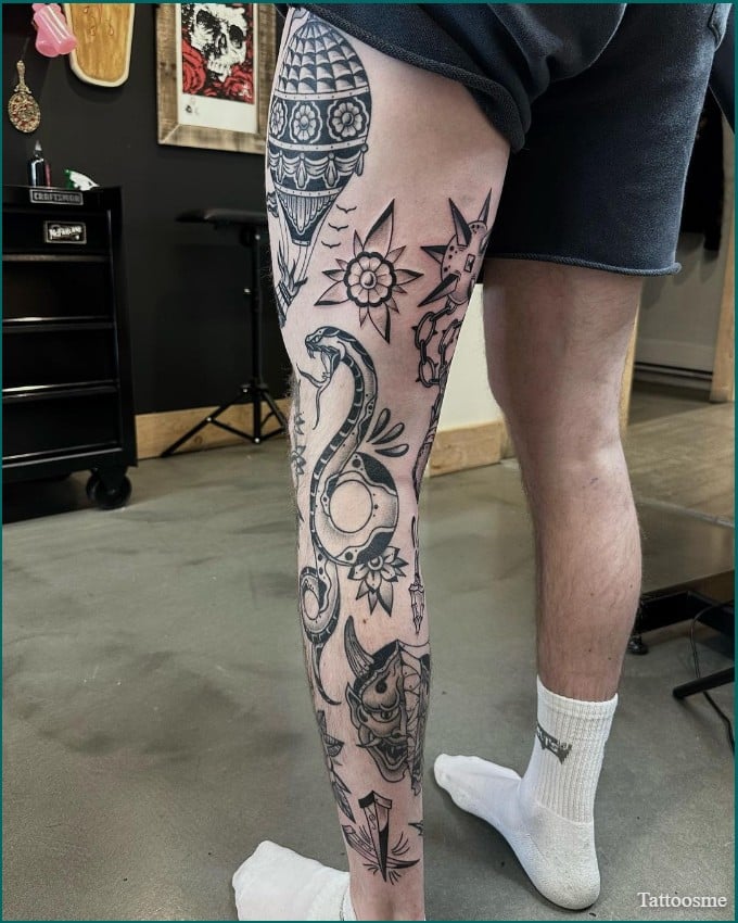 patchwork leg tattoos