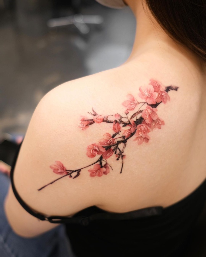 cherry blossom tattoo on back shoulder