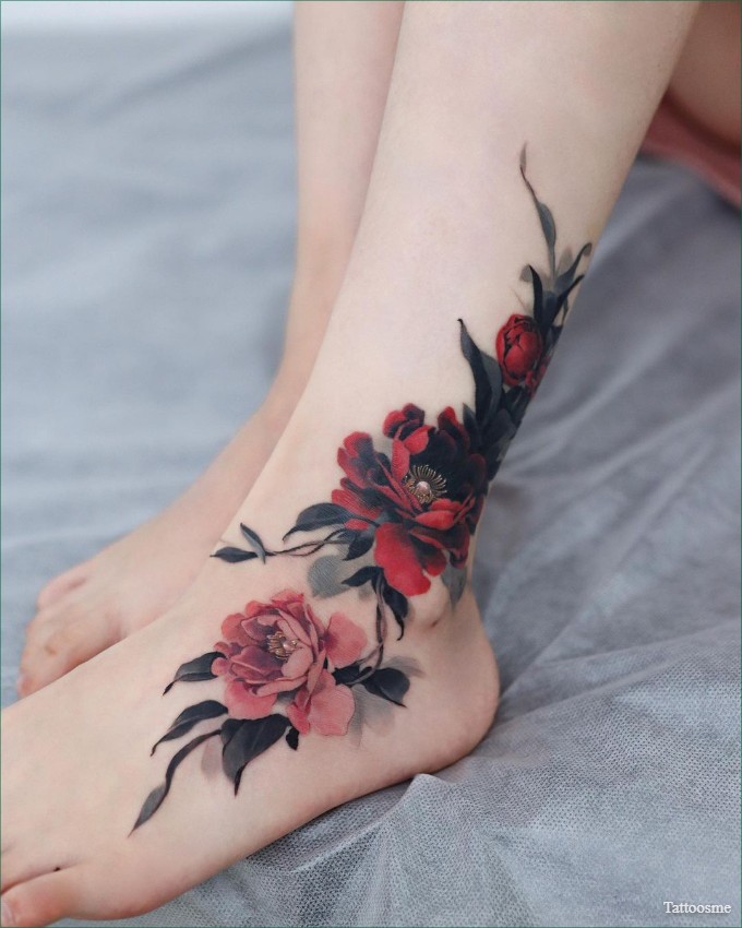 Red Rose And Rosary Tattoo On Right Foot