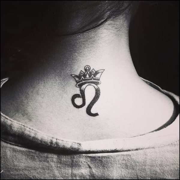leo tattoos with crown behind the neck