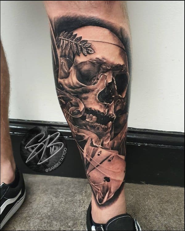 Grey Ink Skull Tattoo On Leg Calf by Schrail Edmund